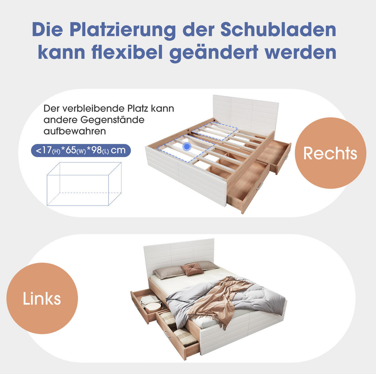 HOLZBETT 140/200 cm mit 2 Schubladen, Lattenrost und Matratze aus Massivholz und MDF, Weiß/Eiche - Weiß, Holzwerkstoff (140/200cm) - Redom