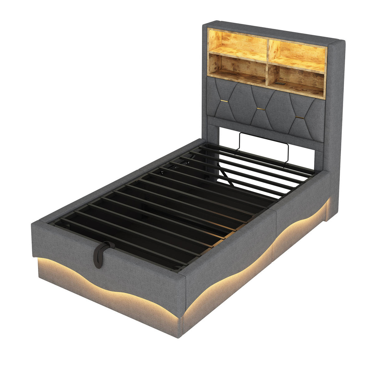 POLSTERBETT aus Leinen und Metall 90x200 cm in Grau mit LED, USB und Stauraum - Grau, Textil (90/200cm) - Modfu