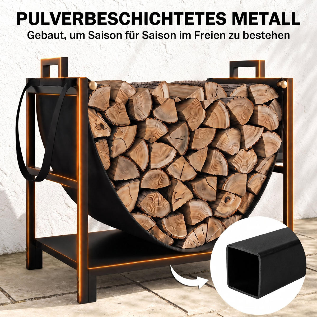 BRENNHOLZREGAL Metall Canvas Schwarz - Schwarz, Textil/Metall (33/44/47.5cm) - Outsunny