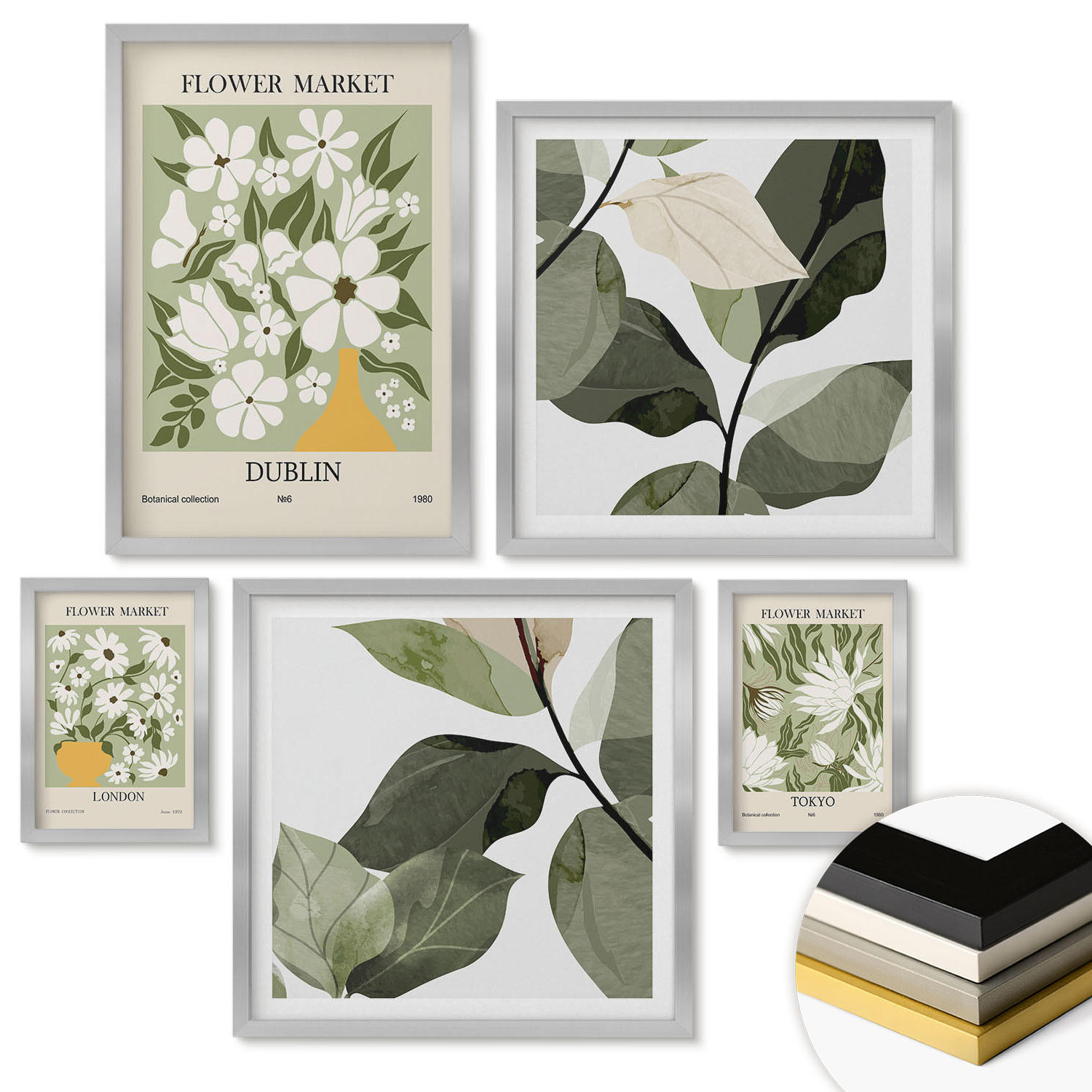 WANDBILDER 5er Set - 50x50 cm & 20x30 cm & 40x60 cm Silberner Rahmen - Blumenmuster London Dublin - Silberfarben, Kunststoff (40/60cm) - ArtPrintCave