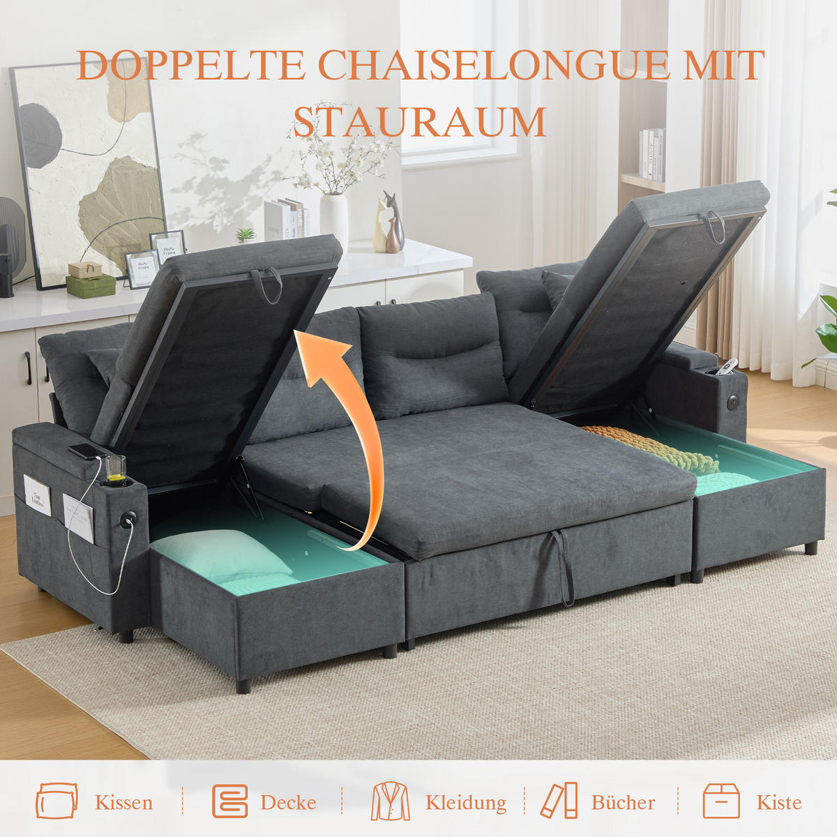 SCHLAFSOFA 4-Sitzer mit Chaiselongues, USB und Stauraum, Dunkelgrau - Dunkelgrau, Textil (272/86/136cm)