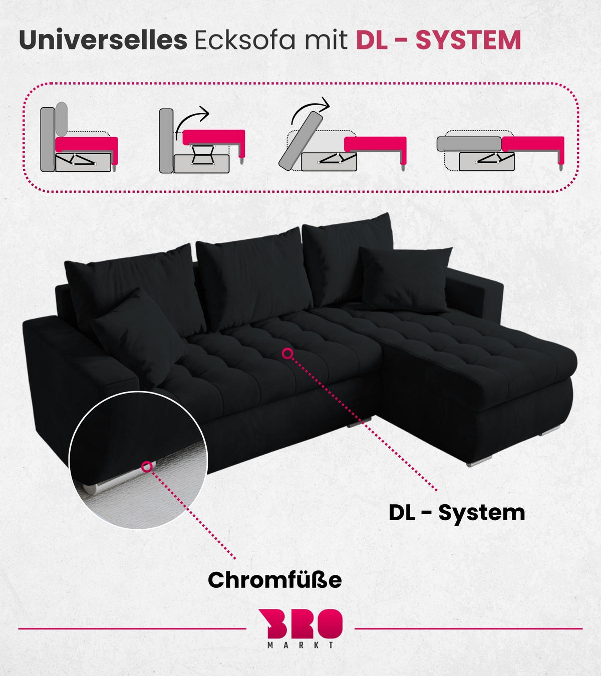 ECKSOFA Luis mit Schlaffunktion Graphit Samt - Silberfarben/Graphitfarben, Kunststoff/Textil (148/238cm) - Bromarkt