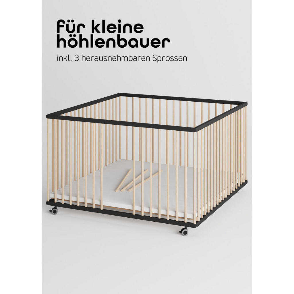 Thumbnail - Sämann – make a difference. Laufgitter, Schwarz, Natur, Holz, Echtholz,Buche, 120x74x120 cm, Babymöbel, Laufstall Baby
