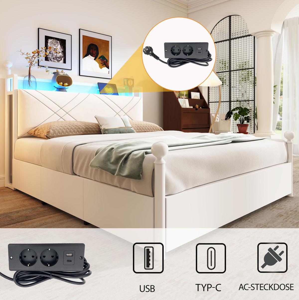 POSTEL s nebesy 140/190 cm bílá z kovu s LED osvětlením USB/Type-C a úložným prostorem - bílá, kov (140/190cm) - OKWISH
