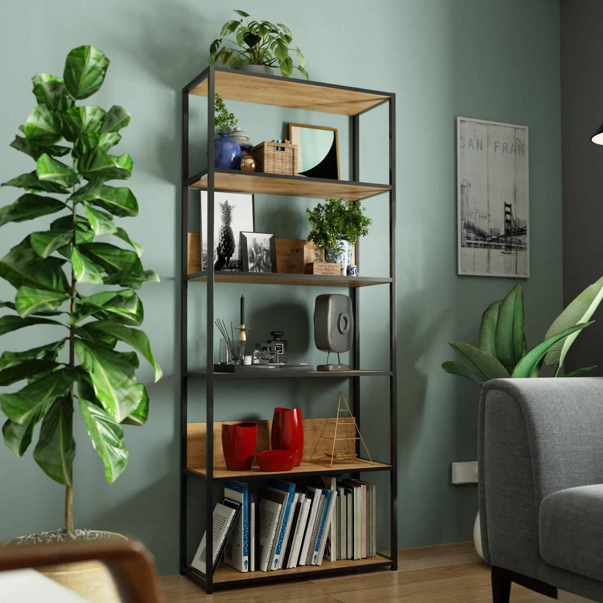 INDUSTRIEREGAL Schwarz, Craft-Eichenfarben 80x192x32 cm - Eichefarben/Schwarz, Holzwerkstoff/Metall (80/192/32cm) - Akord