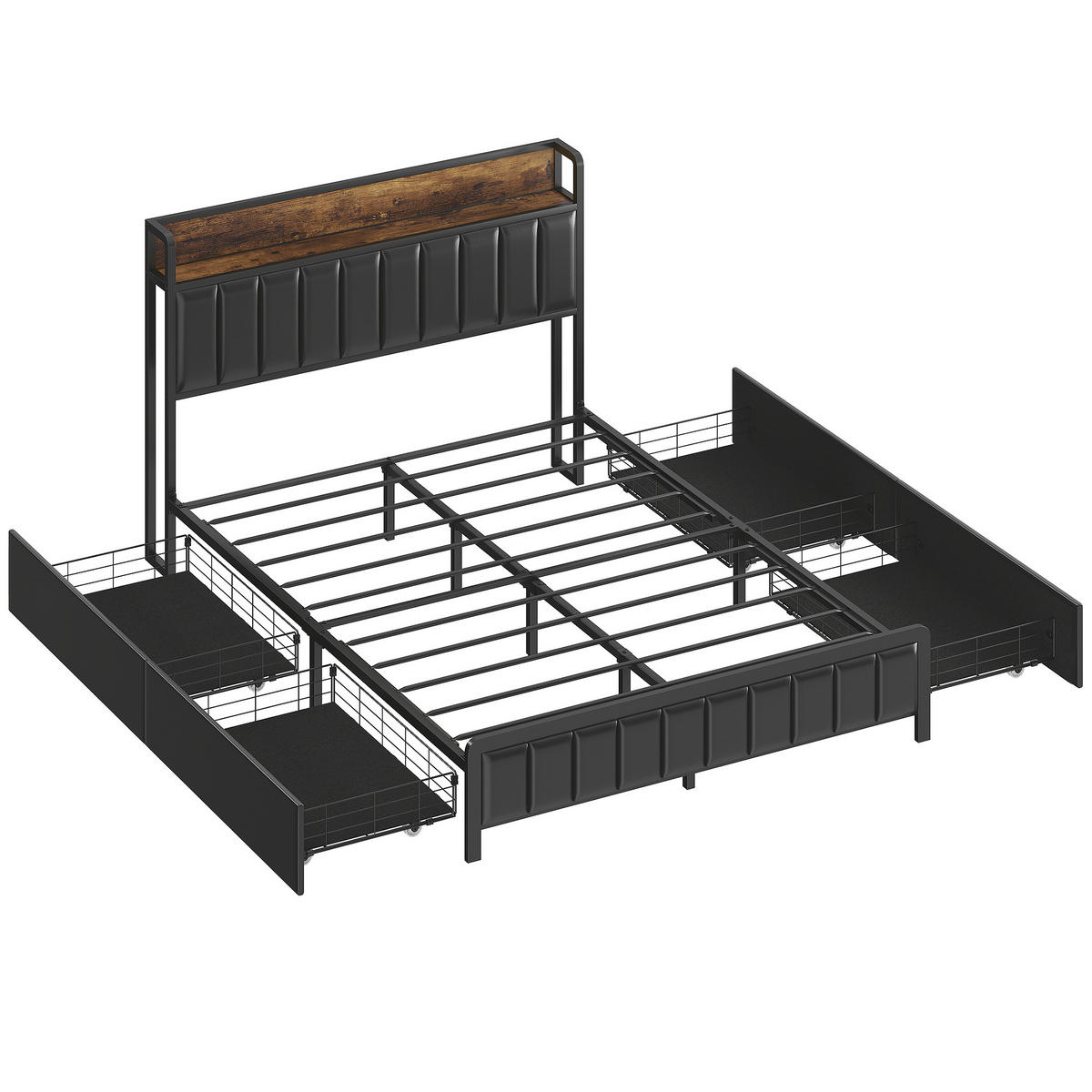 BETT 140x190 cm DE-14672 mit 4 Schubladen & Ablage Schwarz - Schwarz, Metall (140/190cm) - ComfortXL