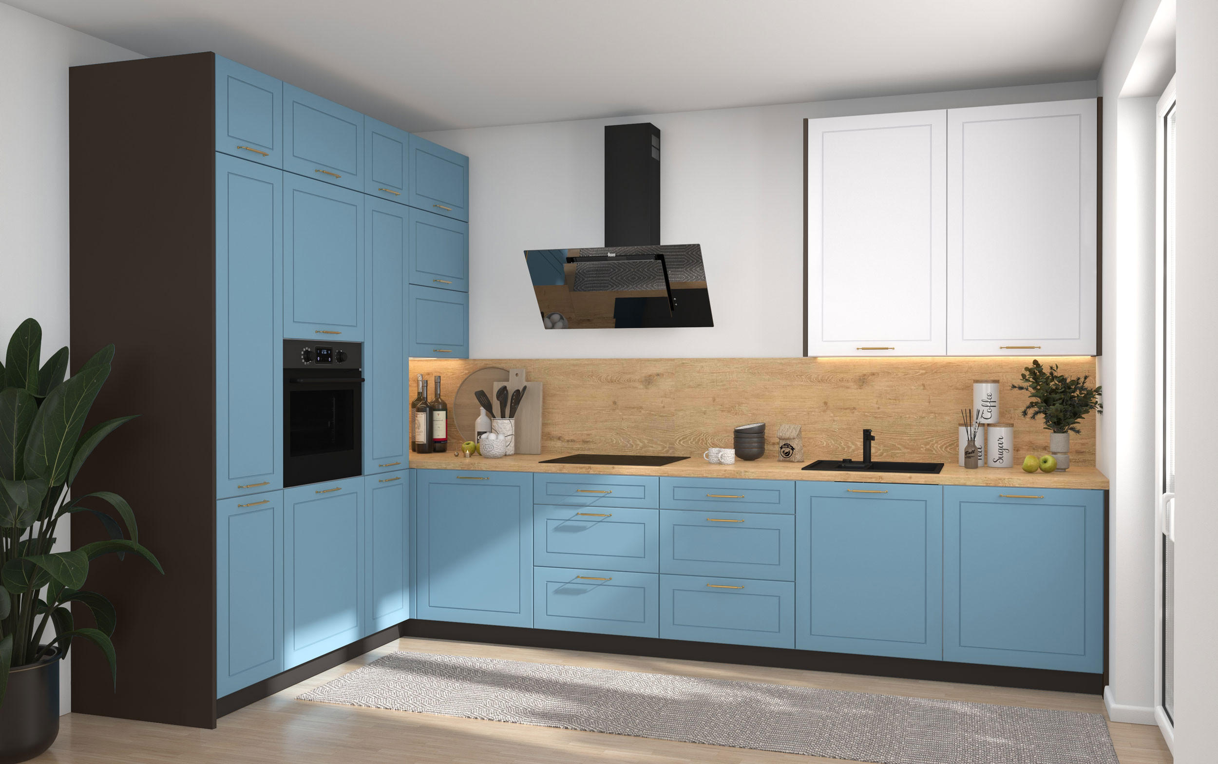 L-FORM KÜCHENZEILE Bari (16-tlg) Lava / Pastellblau - Signalweiß - Blau, Holzwerkstoff/Metall (347/243/202cm) - Feldmann-Wohnen