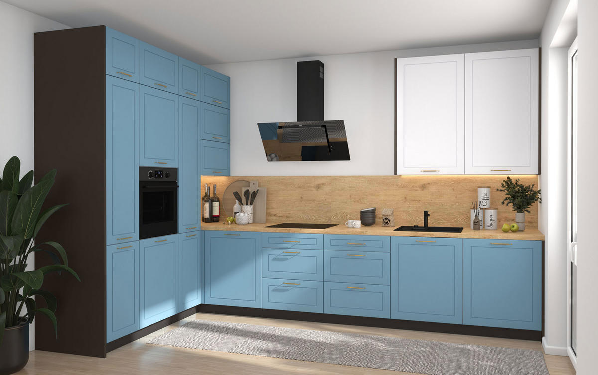 L-FORM KÜCHENZEILE Bari (16-tlg) Lava / Pastellblau - Signalweiß - Blau, Holzwerkstoff/Metall (347/243/202cm) - Feldmann-Wohnen