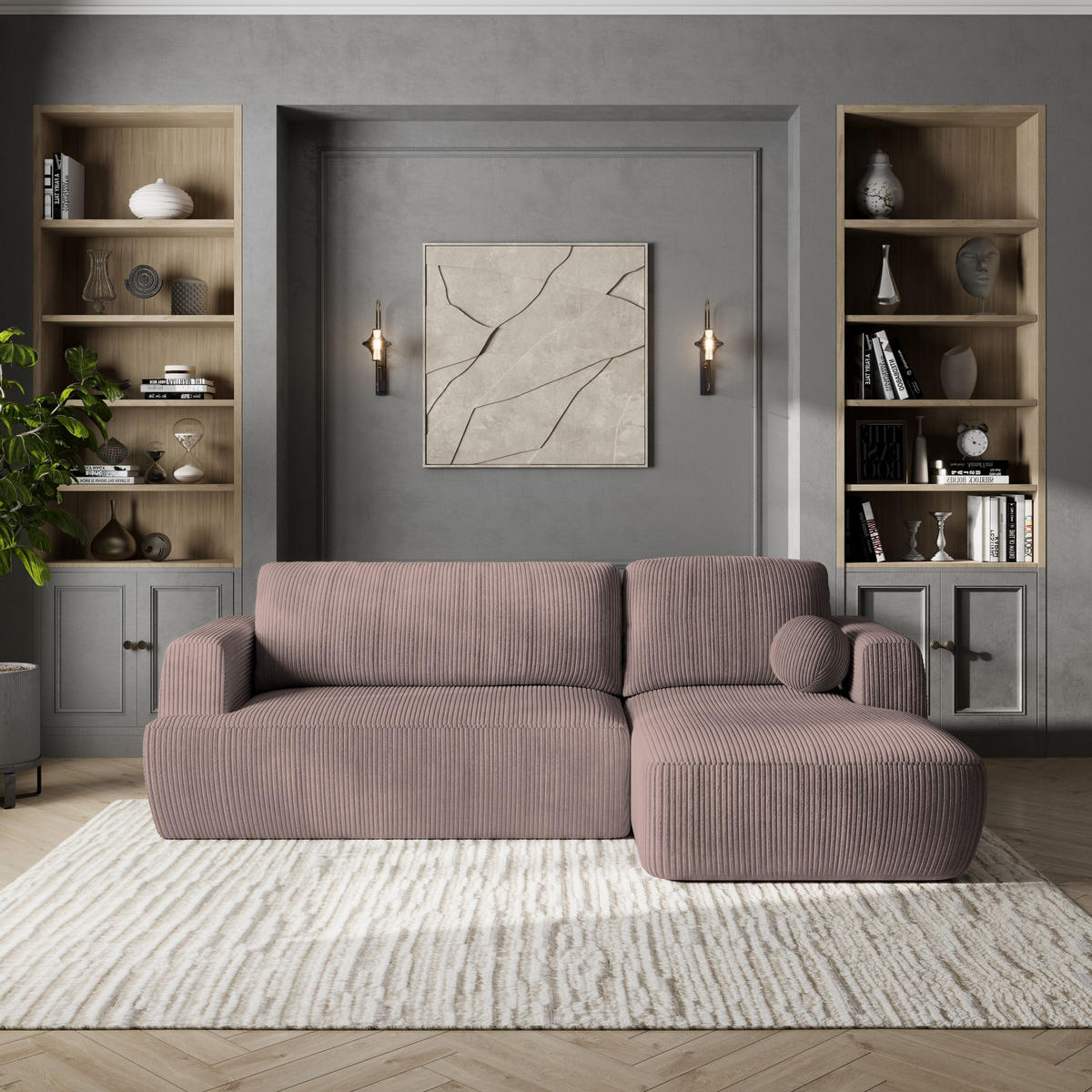 ECKSOFA SENTI P R-S Lila Kordstoff mit Schlaffunktion - Lila/Schwarz, Holz/Kunststoff (246/148cm) - MASSENO