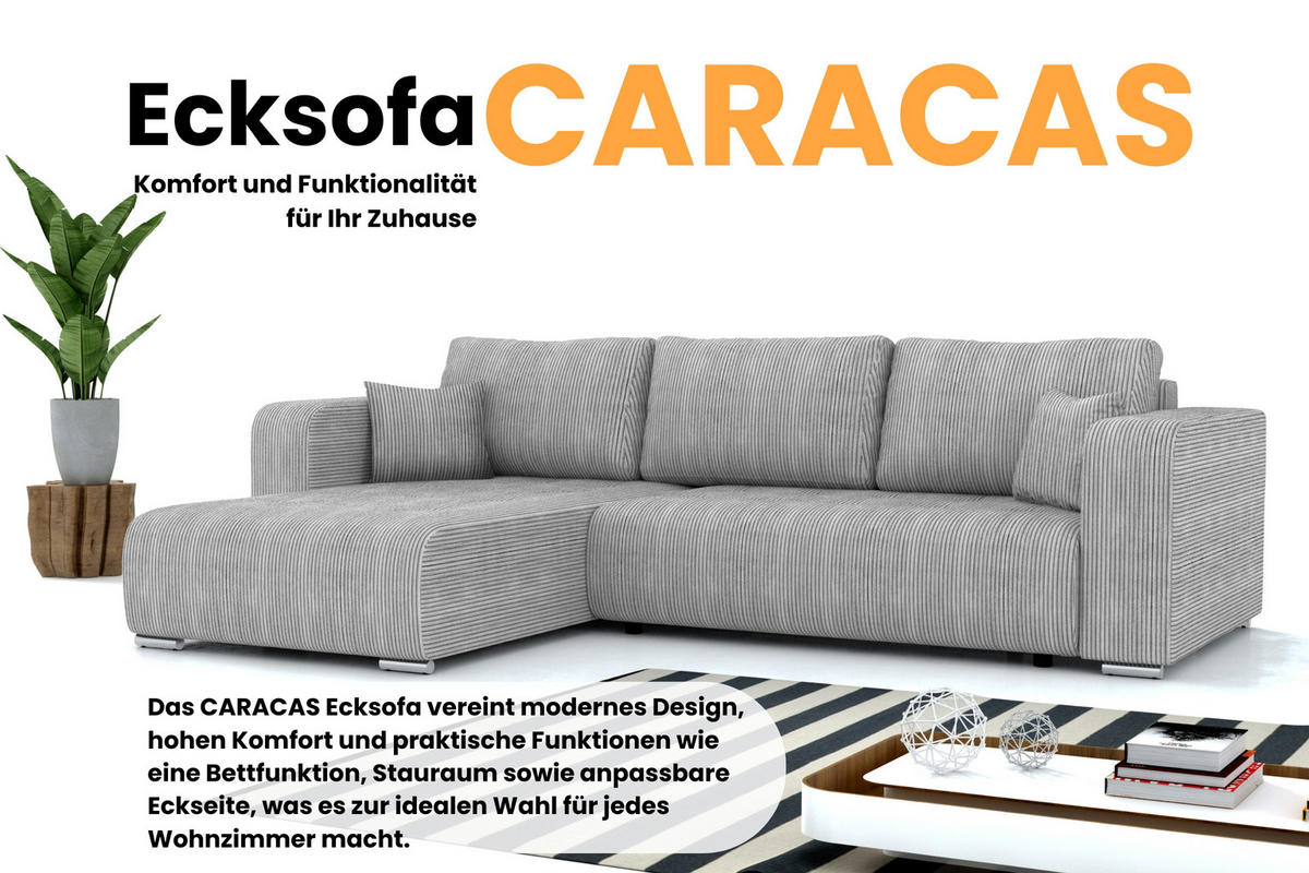 ECKSOFA CARACAS 288/185 in Cord Hellgrau mit Schlaffunktion links - Hellgrau, Holz/Holzwerkstoff (288/185cm) - Deine Möbel 24