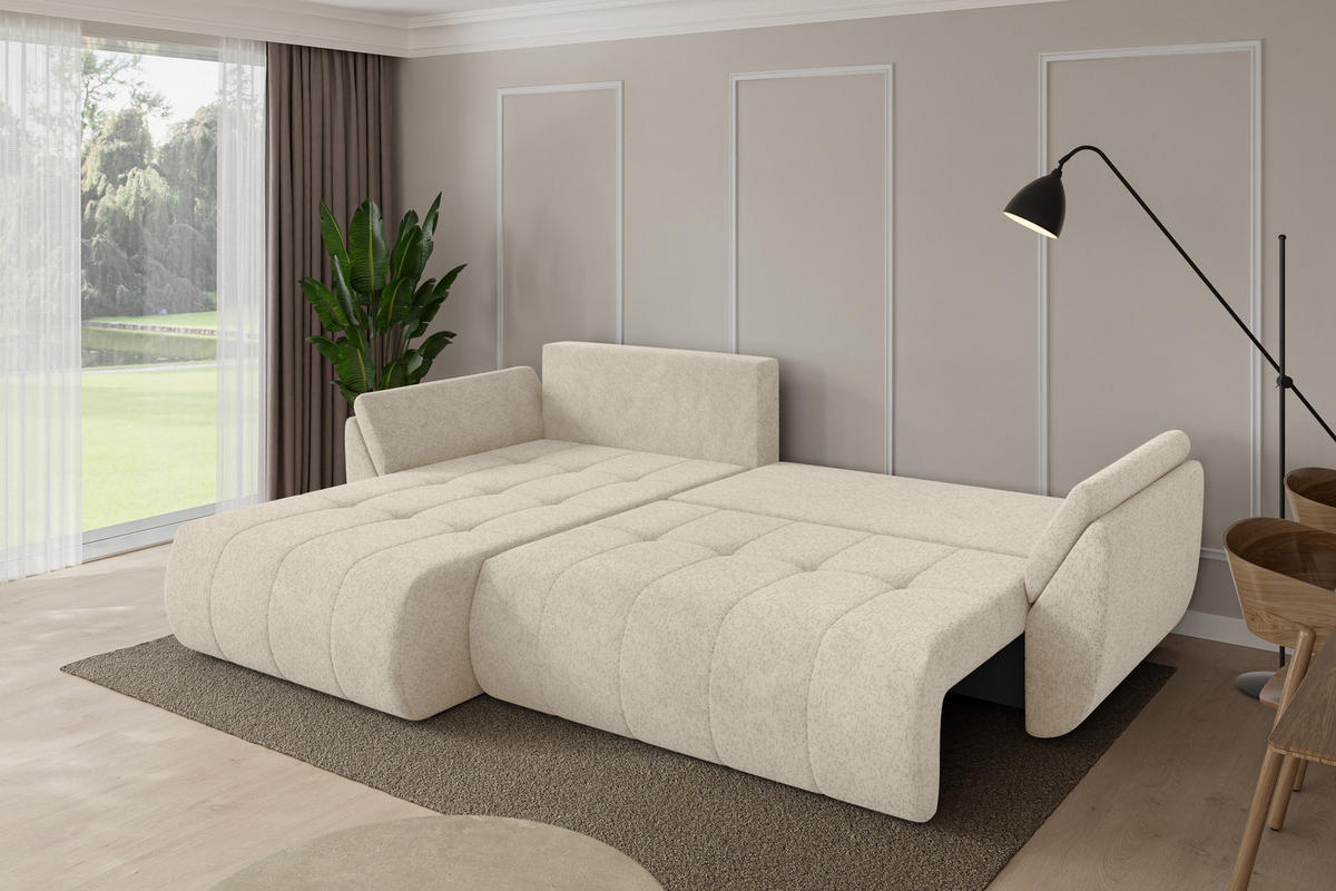 ROHOVÁ SEDAČKA s funkcí spaní, otoman vlevo TOKO-L 277x194x86 krémová velur - černá/krémová, kompozitní dřevo/textil (277/194cm) - ALTDECOR