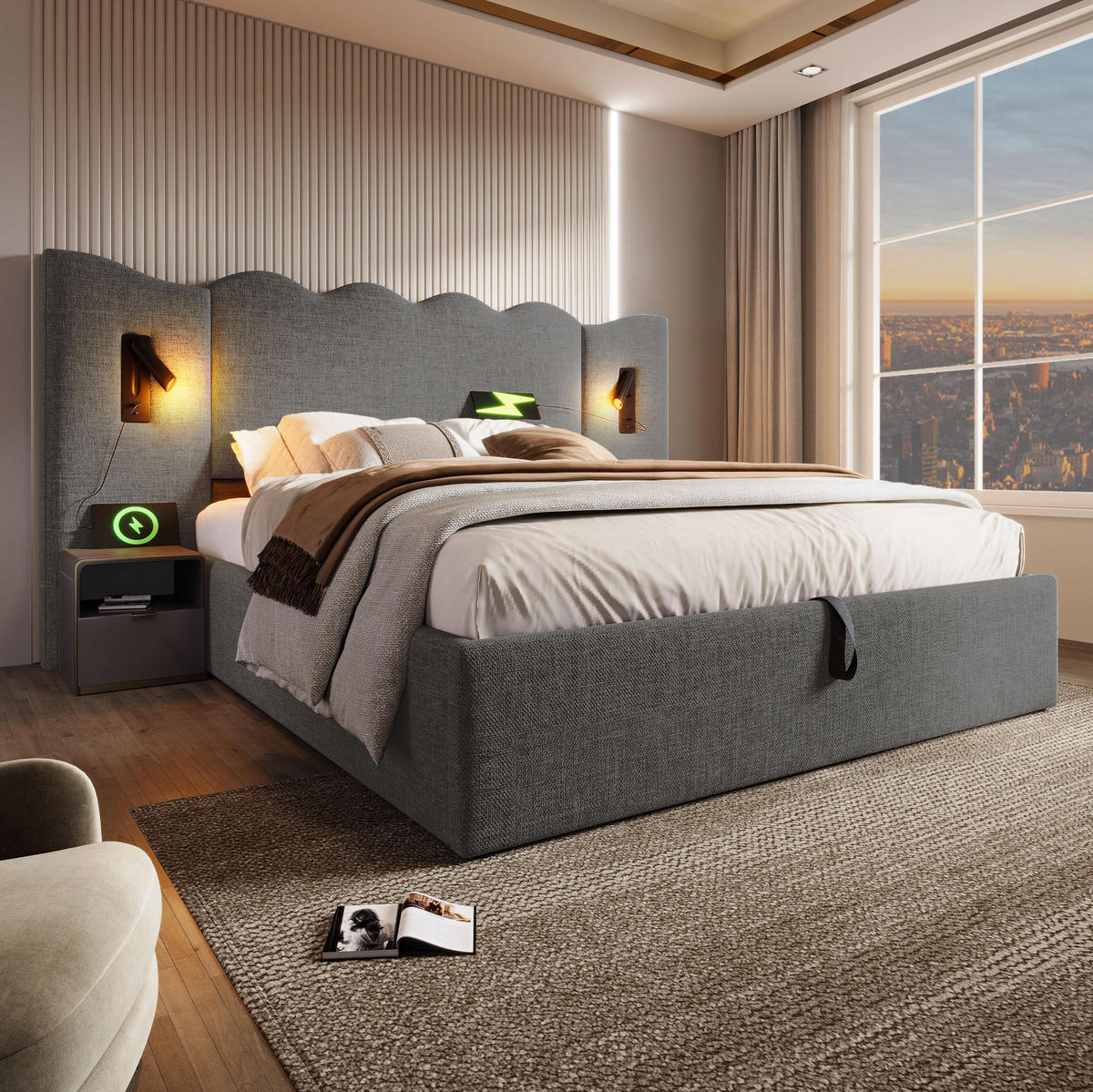 POLSTERBETT 180/200 cm aus Leinen mit Stauraum Leselampe und USB-C Grau - Grau, Textil (180/200cm) - Modenvie
