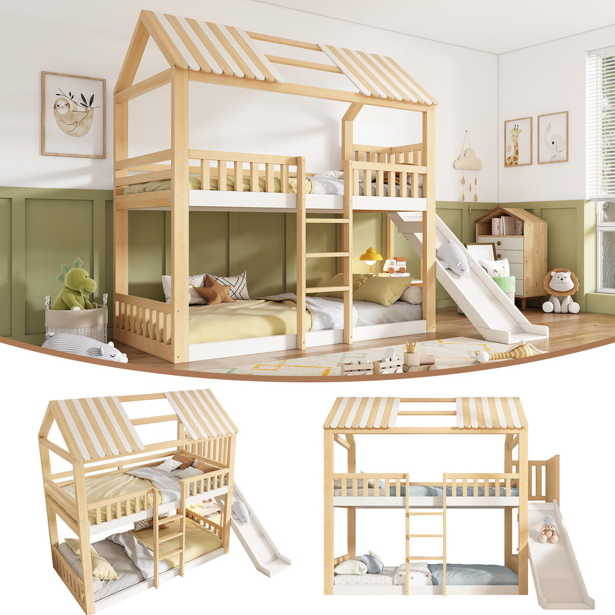 PATROVÁ postel 90/200 cm bílá a přírodní z borovice s regálem a skluzavkou - přírodní, kompozitní dřevo (90/200cm) - OKWISH