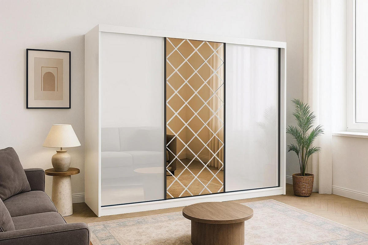 KLEIDERSCHRANK Karo 250 Weiß, dreitüriger Schiebeschrank mit Spiegel - Weiß, Holzwerkstoff (250/216/62cm) - Bettso