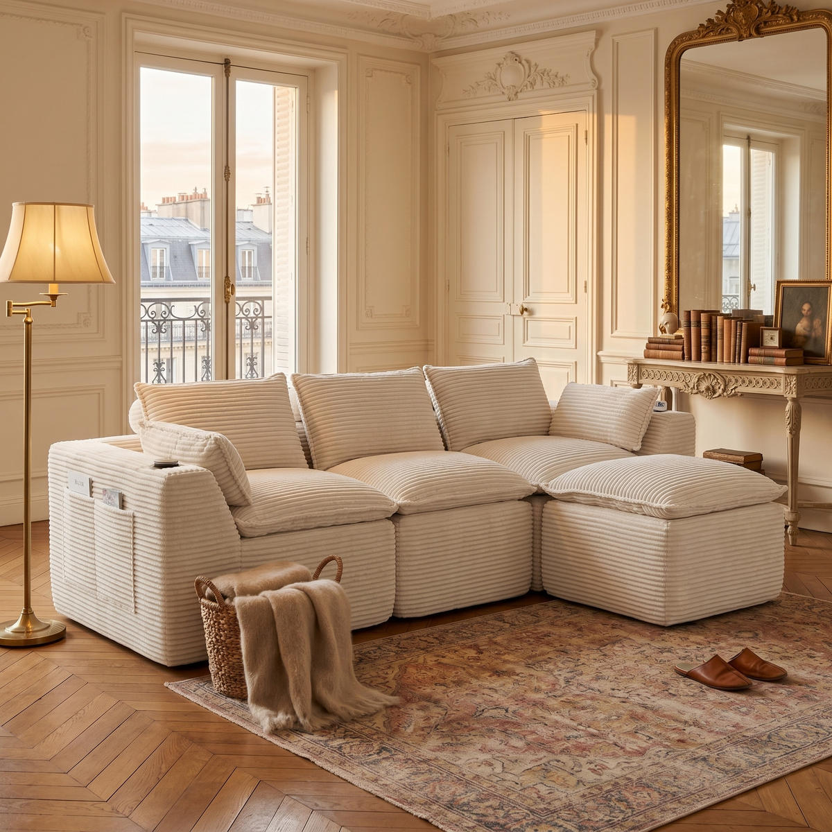 3-SITZER-SOFA aus Chenille, mit Fußhocker und Getränkehalter - Beige, Textil (256/75/161cm) - Urban Meuble