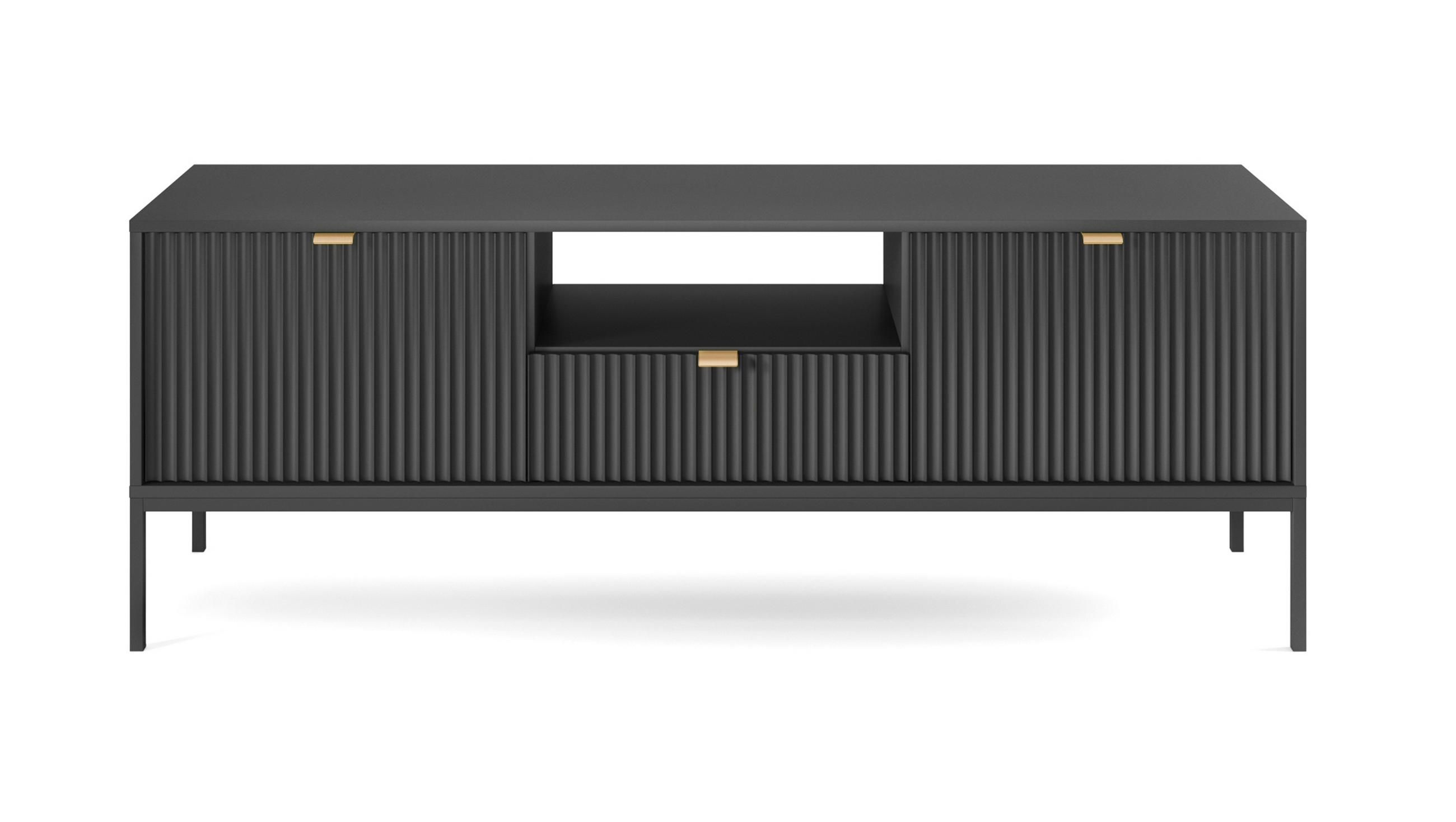 LOWBOARD Eternas 2T 1S Schwarz 154/56/39 cm – schwarze Füße, mit geriffelten Fronten und offener Ablage - Schwarz, Holzwerkstoff (154/56/39cm) - AX Living