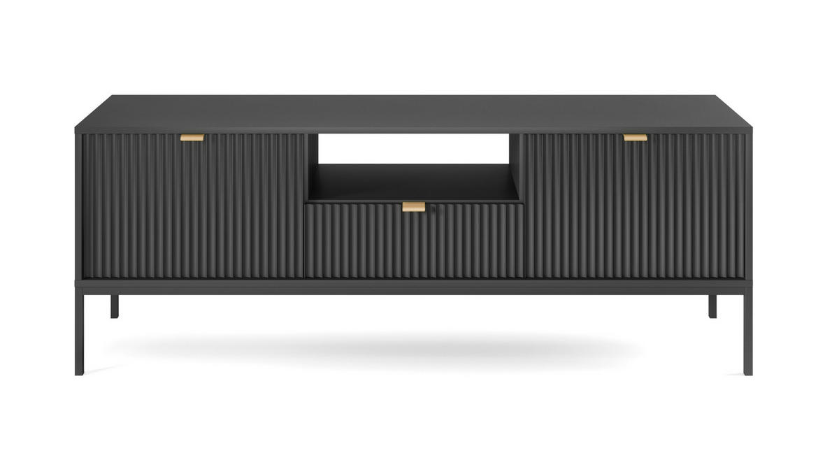 LOWBOARD Eternas 2T 1S Schwarz 154/56/39 cm – schwarze Füße, mit geriffelten Fronten und offener Ablage - Schwarz, Holzwerkstoff (154/56/39cm) - AX Living