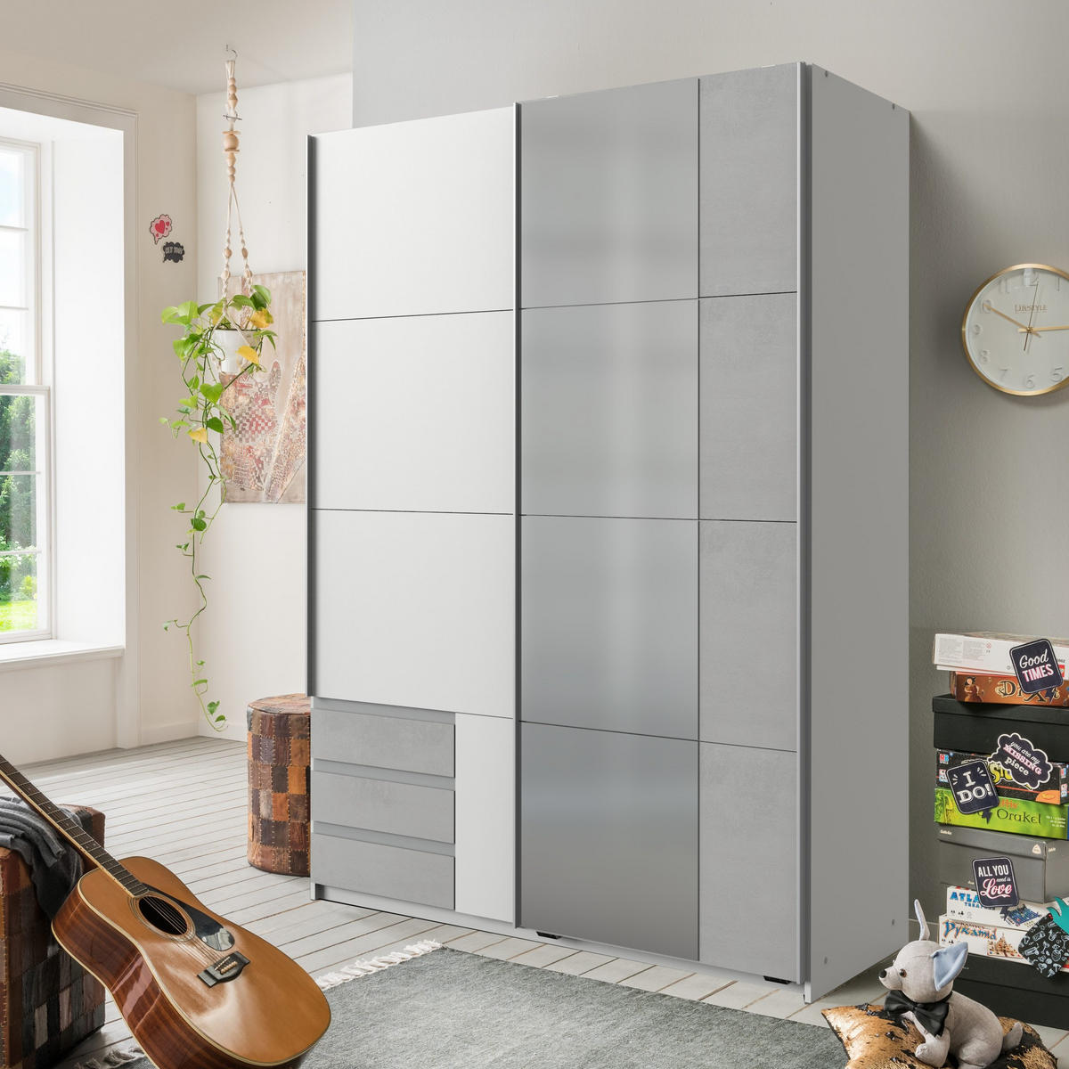 KLEIDERSCHRANK Emden in Weiß mit Beton - Schwebetürenschrank Breite 135 cm mit Spiegel - Weiß, Holzwerkstoff (135/198/65cm)