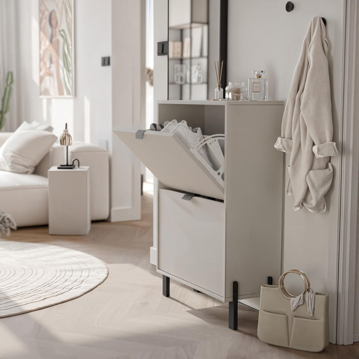 SCHUHSCHRANK Cortina mit 2 Türen, Sandbeige - Sandfarben/Schwarz, Holzwerkstoff (61/100/30cm) - Beautysofa