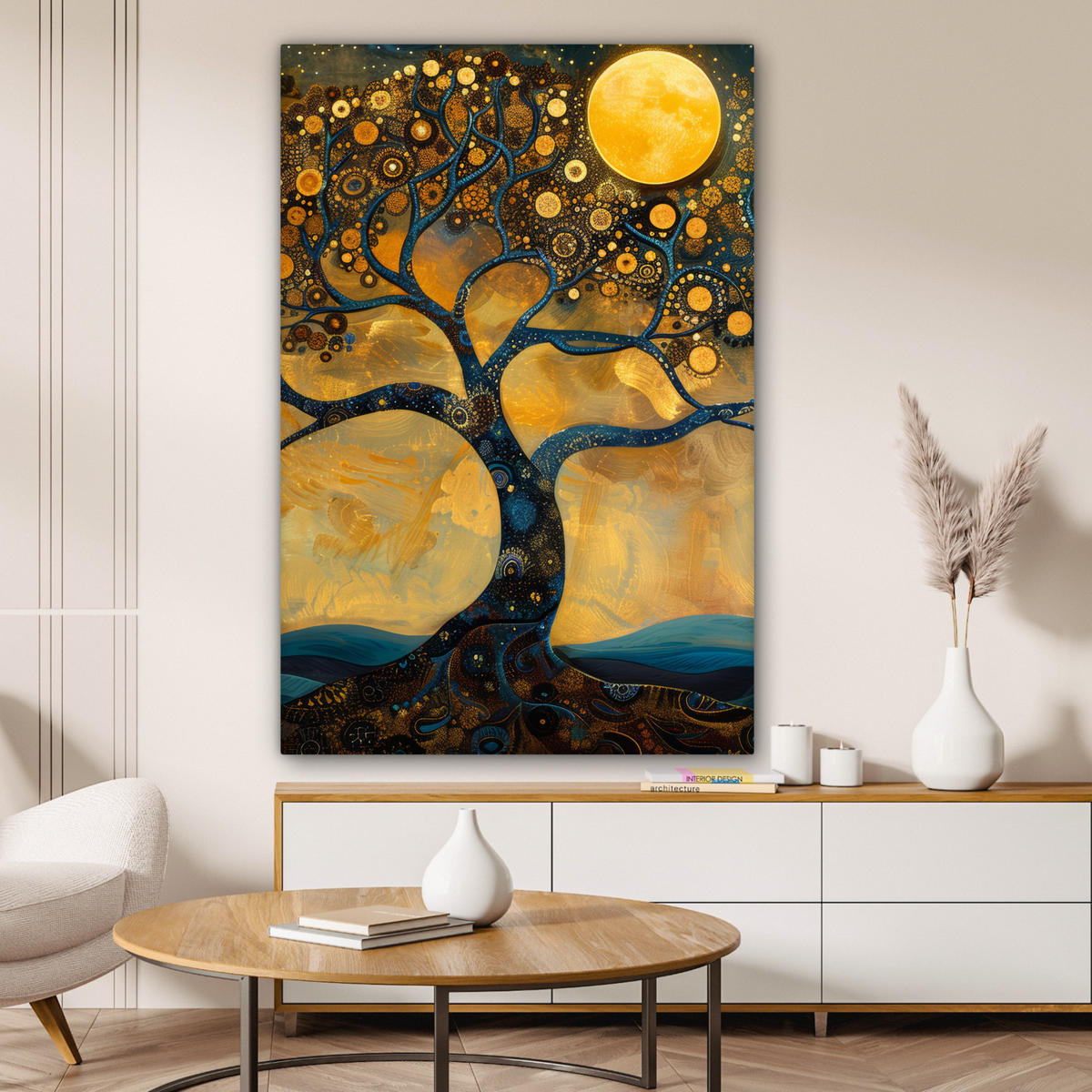 LEINWANDBILD Baum - Mond - Blumen - Gold - Kunst Deko Groß 90x140 cm - Orange, Textil (90/140cm) - MuchoWow