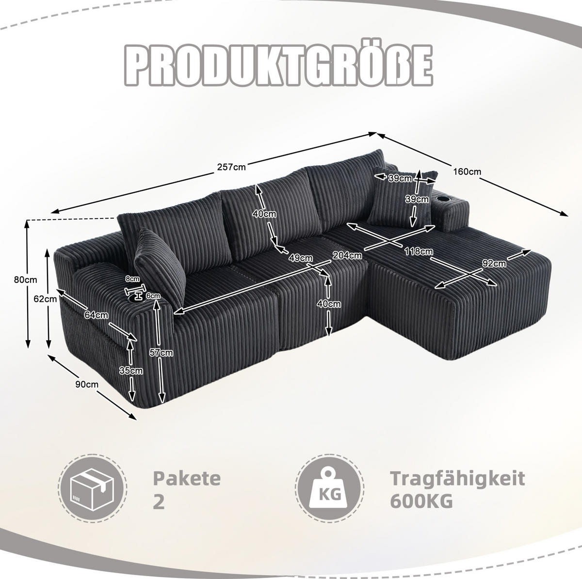 ECKSOFA 257/90-160/62 cm grau aus Cord mit 5 Kissen - Grau, Textil (160/257cm) - OKWISH