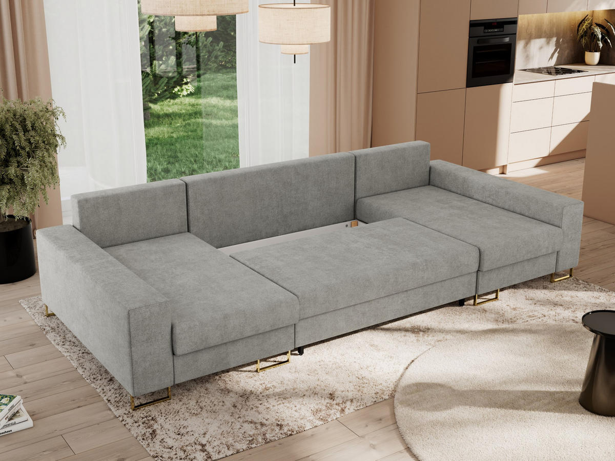 WOHNLANDSCHAFT DORIAN U Struktur Hellgrau - Goldfarben/Hellgrau, Textil/Metall (312/95/138cm) - MKS