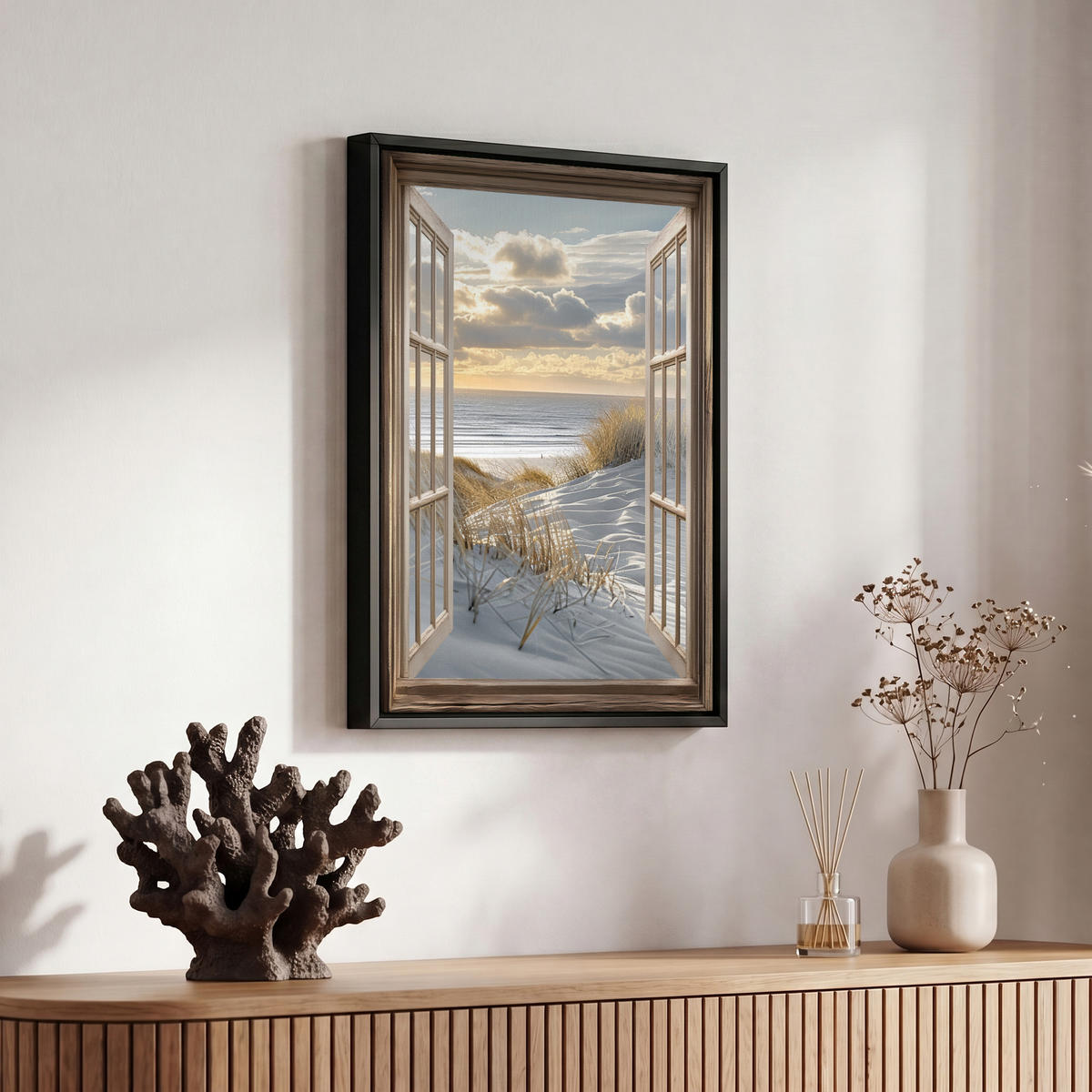 LEINWAND Bilder mit Rahmen - Ausblick - Strand - Dünen - Meer - Natur - 20x30 - Sandfarben, Textil (20/30cm) - MuchoWow
