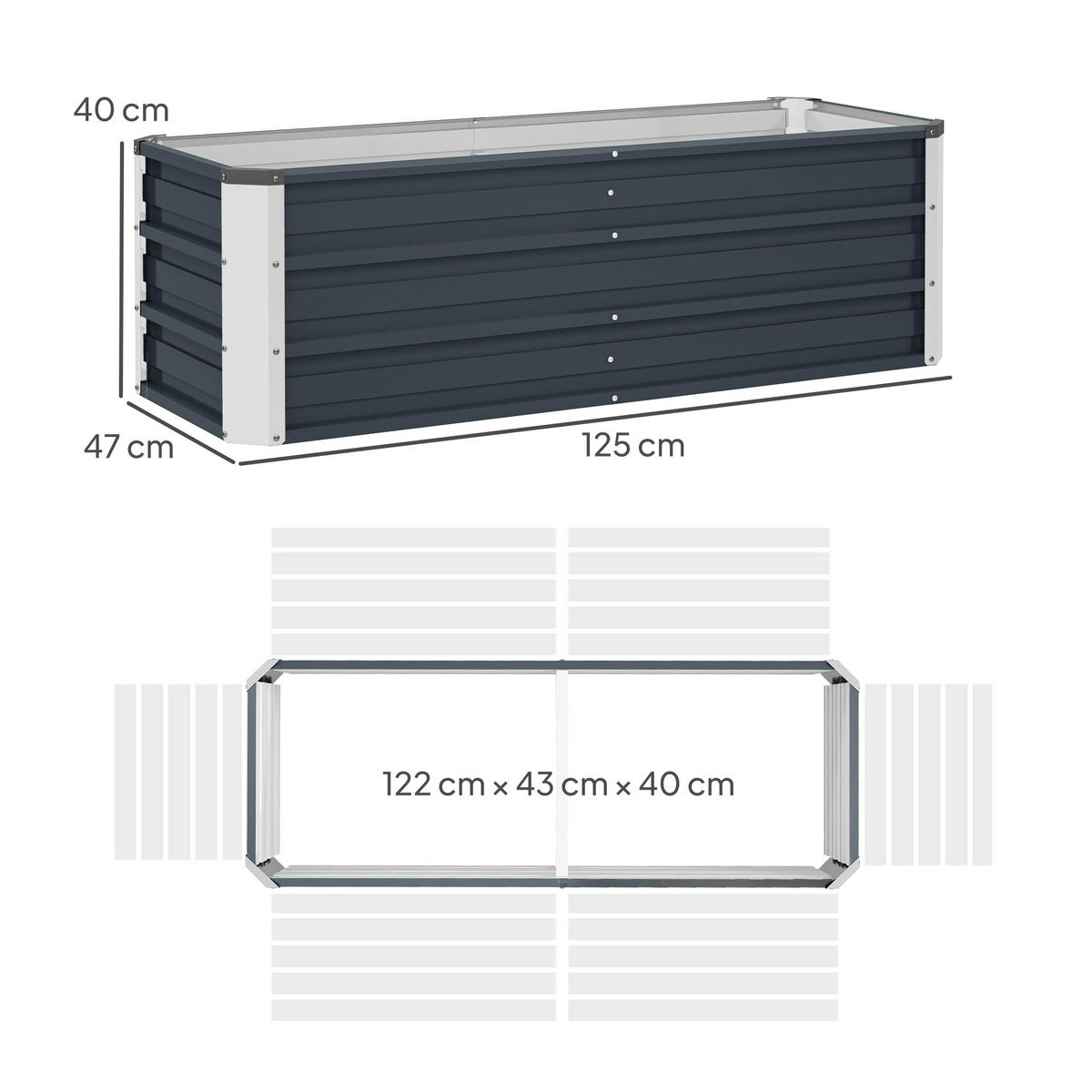 HOCHBEET 125x47x40 cm Stahl grau - Grau, Metall (125/40/47cm) - LEBENLANG