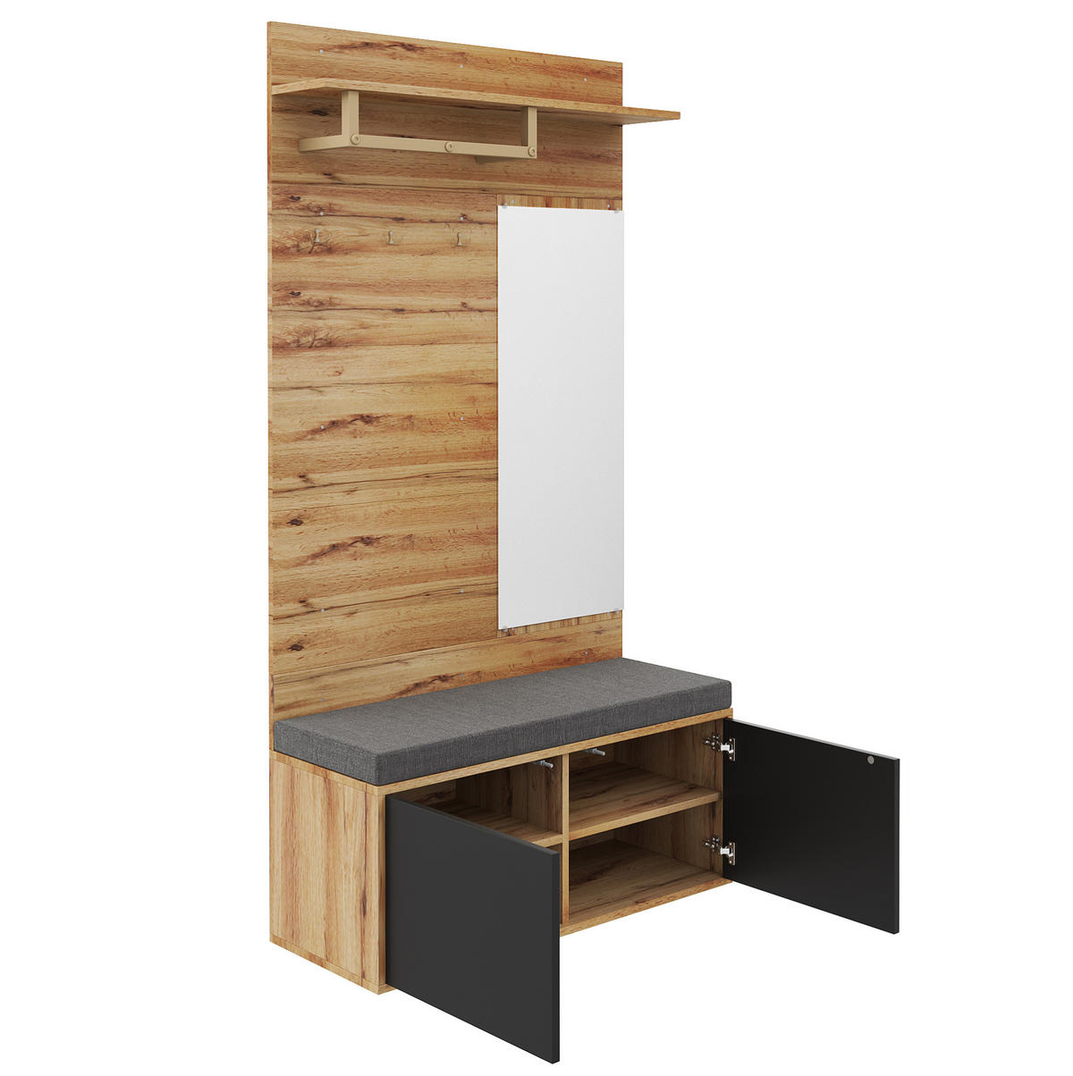KOMPAKTGARDEROBE mit Spiegel und Schuhschrank Spanplatte Schwarz - Schwarz, Holzwerkstoff (38/190/100cm) - Beauniv