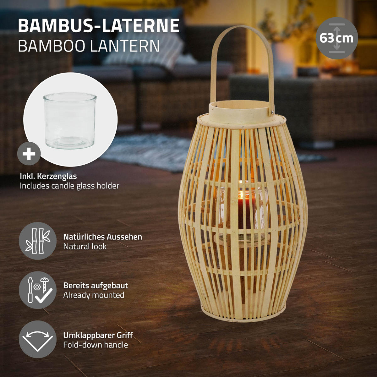 BAMBUSOVÁ LUCERNA V: 63 cm, barva dřeva, styl boho - přírodní, dřevo (28/46/28cm) - ECD-Germany