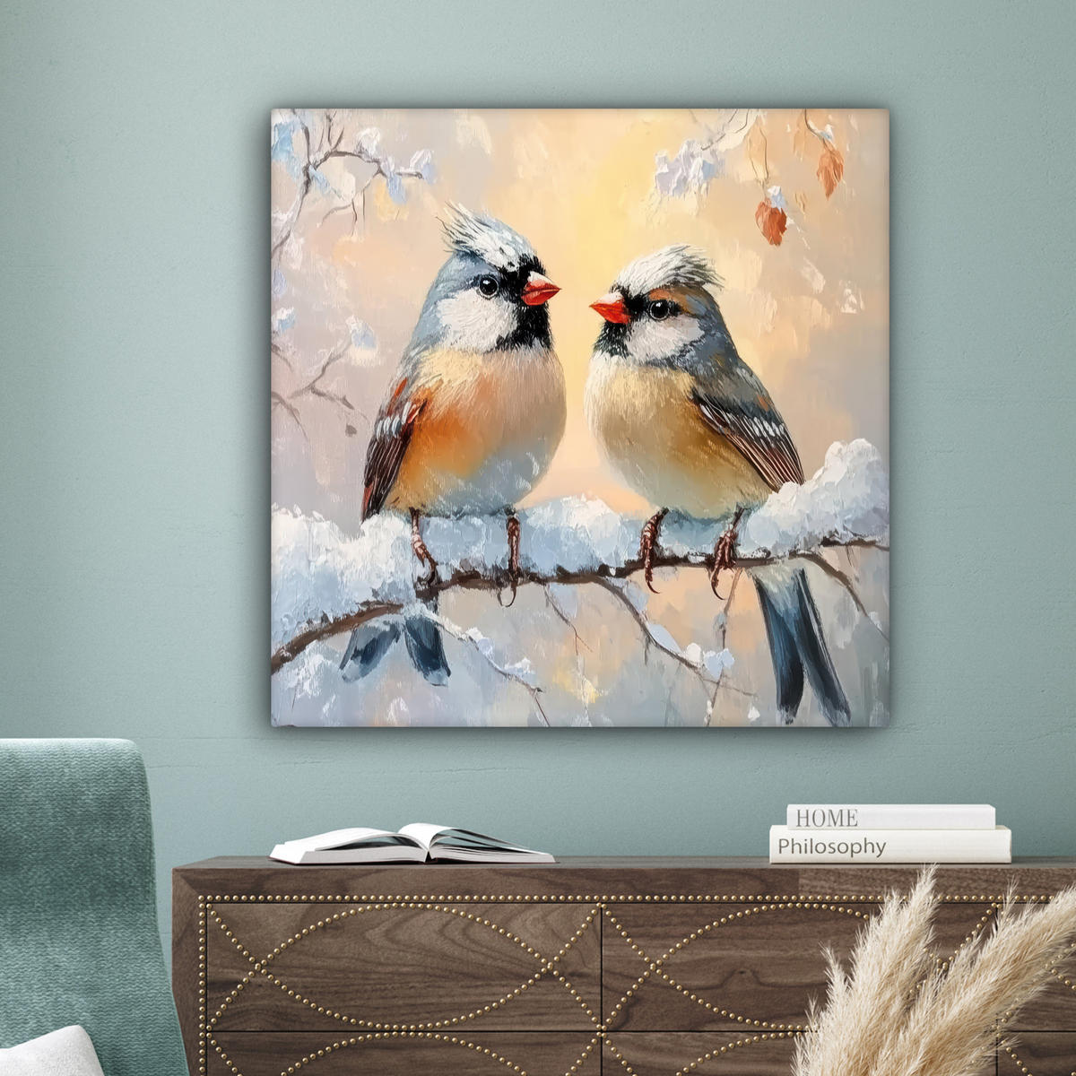 LEINWANDBILD Vögel - Zweig - Winter - Schnee Deko Groß 90x90 cm - Pastellblau, Textil (90/90cm) - MuchoWow