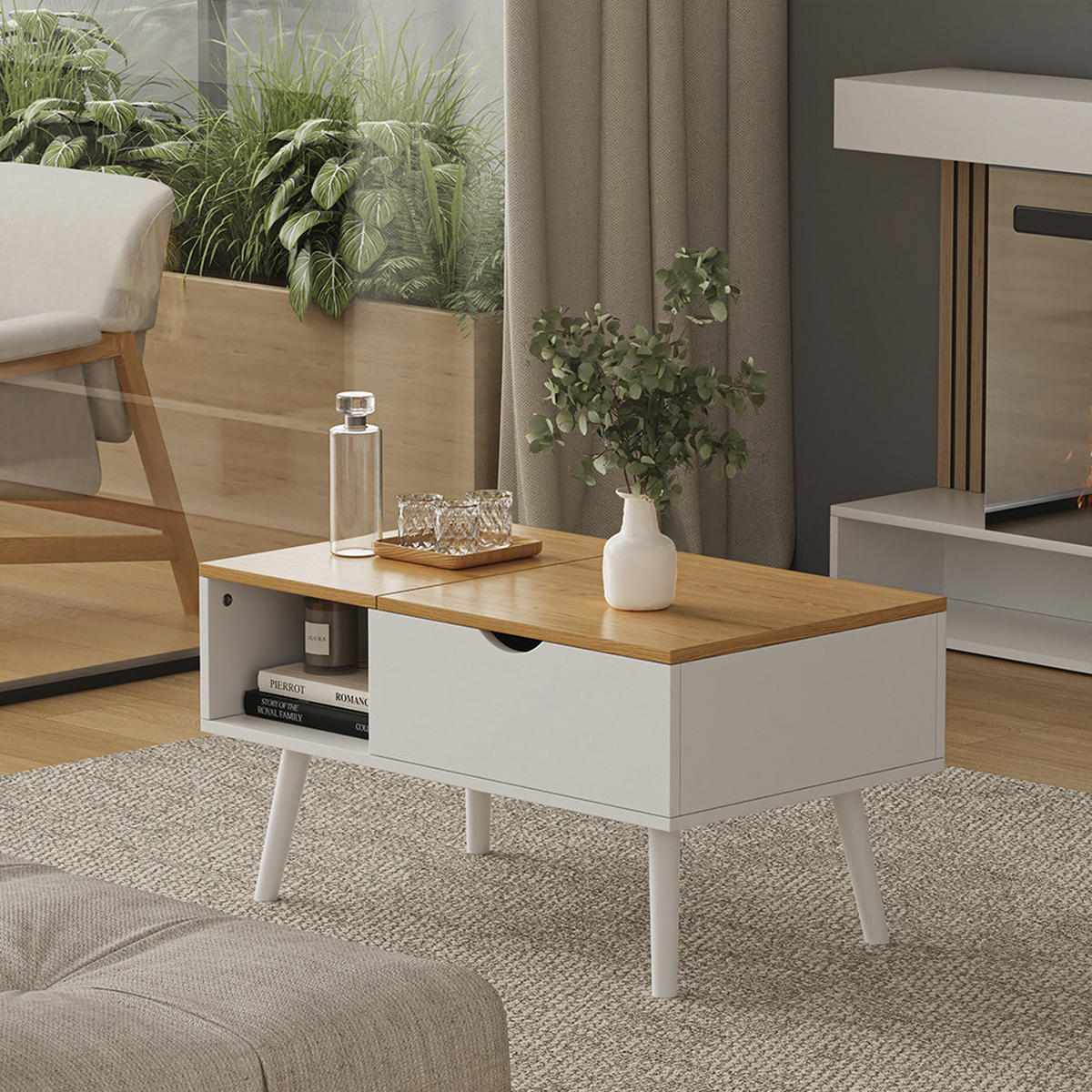 COUCHTISCH Stora Weiß/Eiche 76 x 45 cm mit Liftfunktion - Eichefarben/Weiß, Holzwerkstoff (45/76/40cm) - Vicco