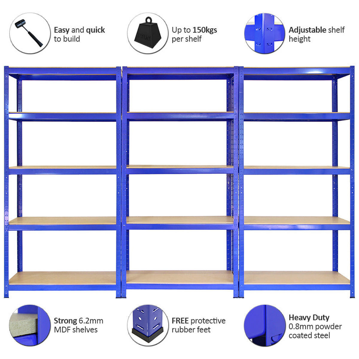 LAGERREGAL 4 x T-Rax 75cm Blau mit Gratis Gummihammer - Blau, Metall (75/150/30cm) - Monstershop