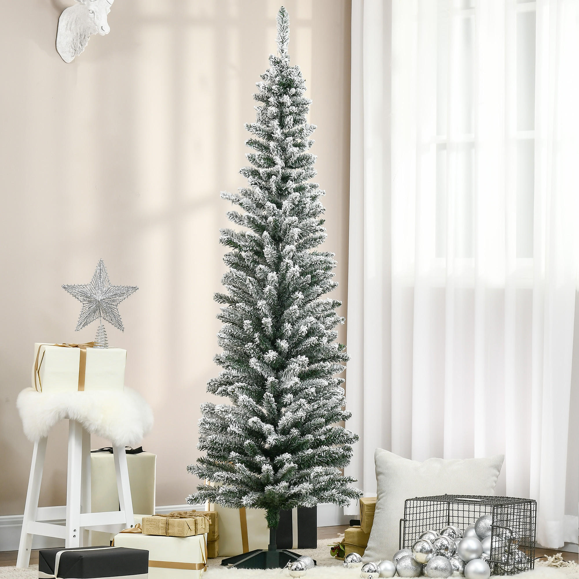 HOMCOM Künstlicher Weihnachtsbaum, 180 cm Christbaum mit Kunstschnee, Indoor - Grün, Kunststoff/Metall (180cm) - HOMCOM