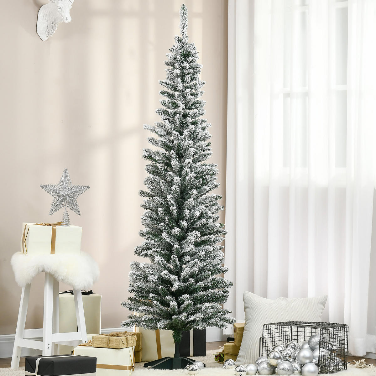 HOMCOM Künstlicher Weihnachtsbaum, 180 cm Christbaum mit Kunstschnee, Indoor - Grün, Kunststoff/Metall (180cm) - HOMCOM