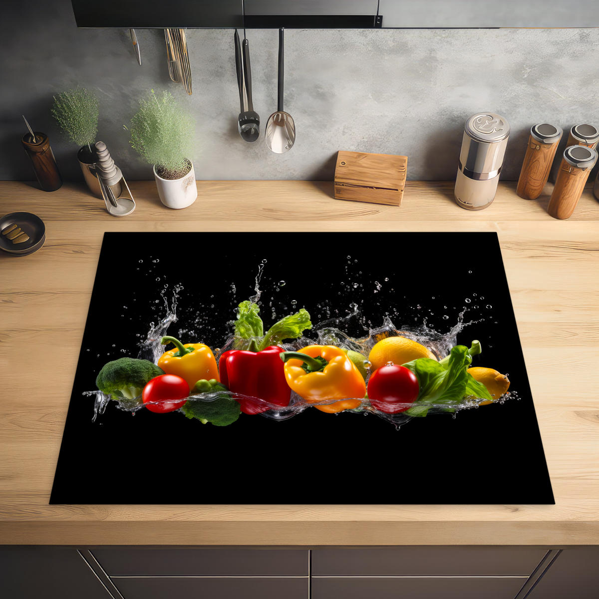 HERDABDECKPLATTE Paprika - Wasser - Gemüse - Schwarz 77x59 cm - Multicolor, Kunststoff (77/0.2/59cm) - MuchoWow