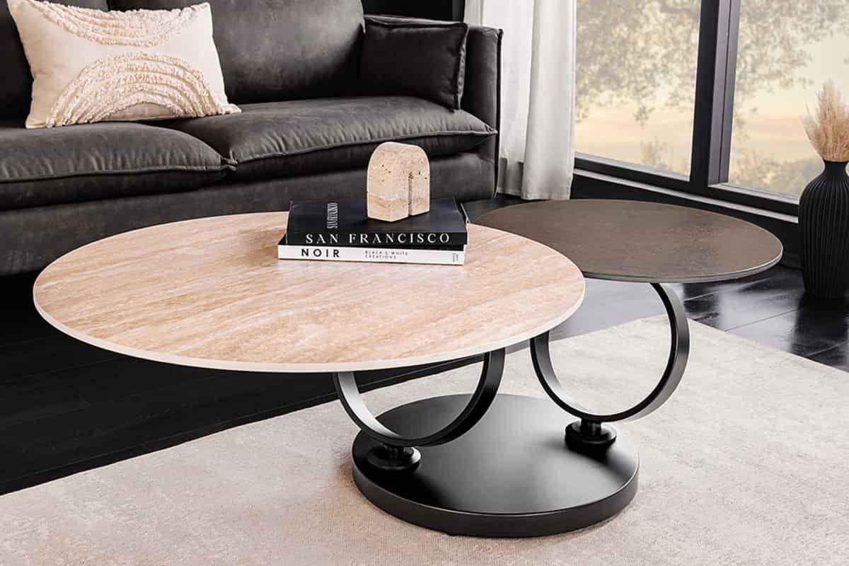 COUCHTISCH DANCING RINGS rund Natur, Braun, Bronze 80cm - Schwarz/Braun, Keramik/Metall (80/80/44cm) - riess-ambiente