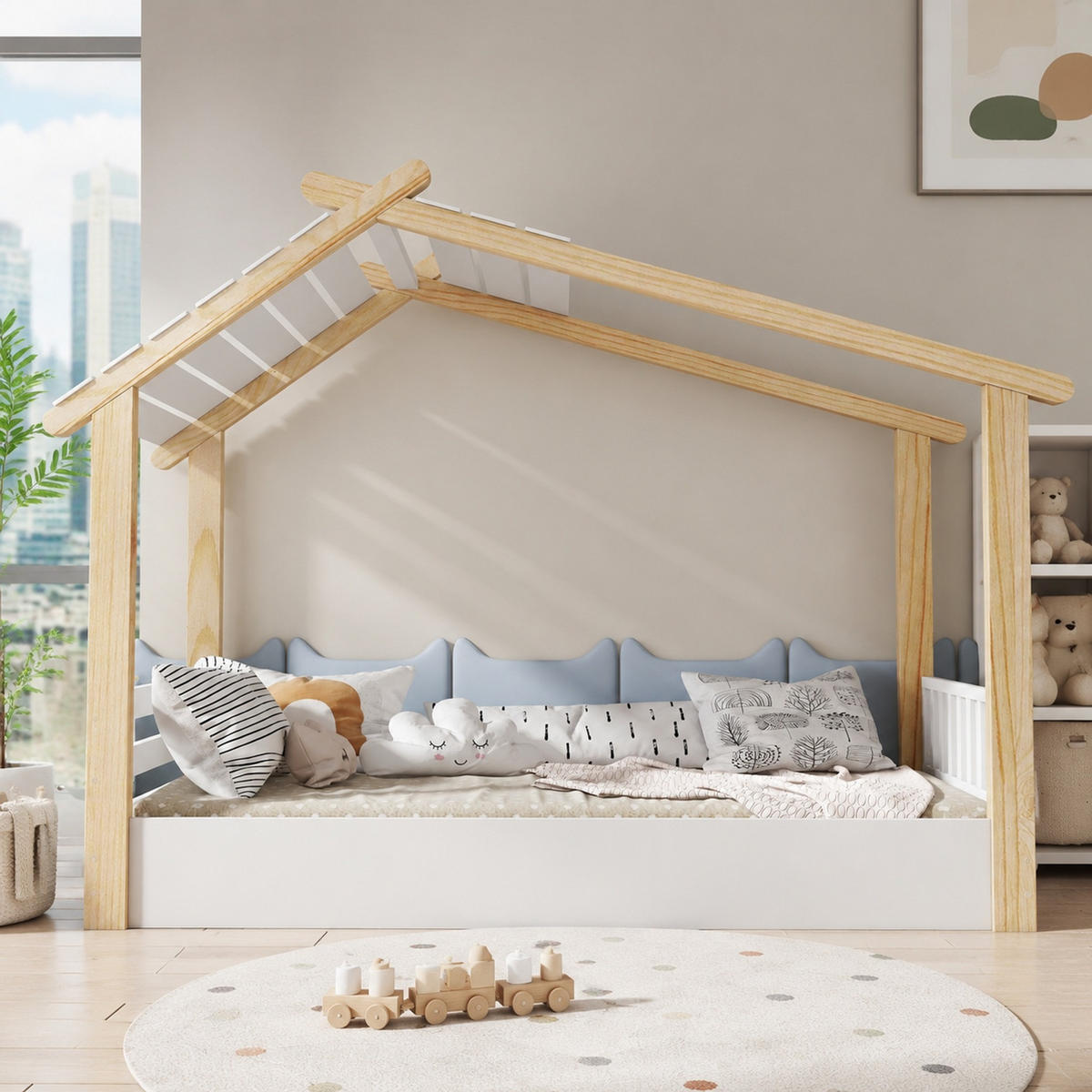 HAUSBETT 90/190 mit Hausdesign und Lattenrost in Weiß + Natur - Weiß/Naturfarben, Holzwerkstoff (90/190cm) - EVRYAE