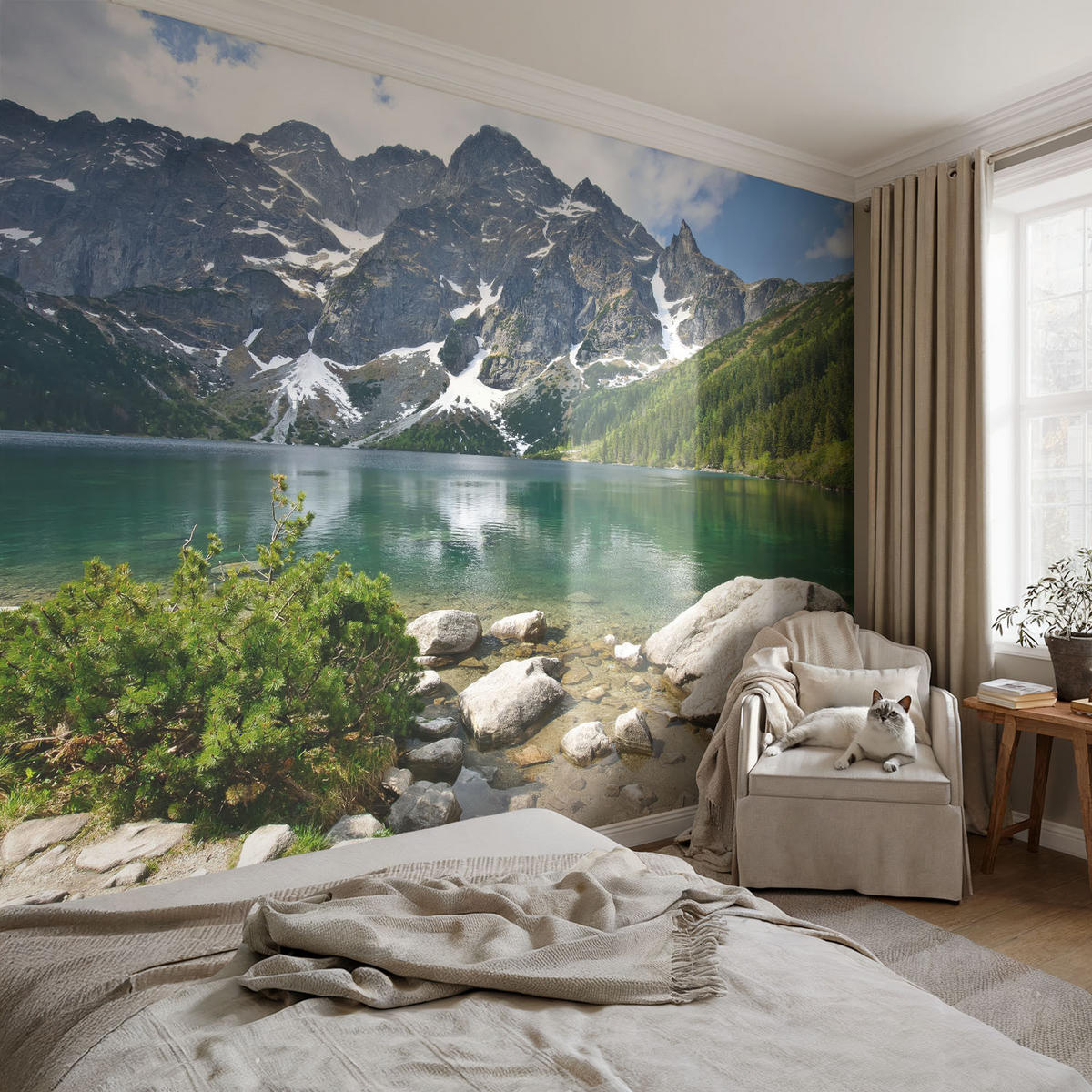 FOTOTAPETE 104x70 cm - Bergsee - Grün, Textil (104/70cm) - Wallfluent
