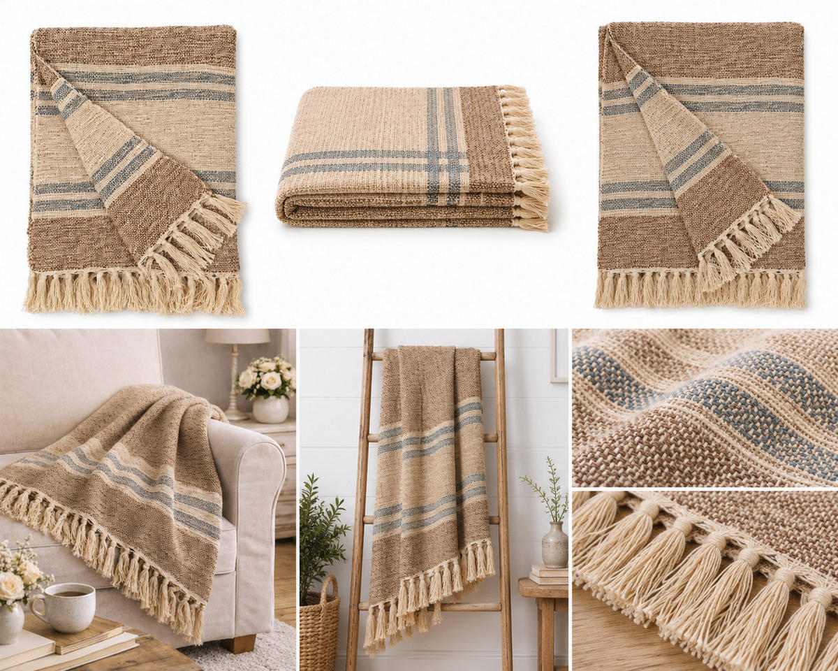 WOHNDECKE Baumwolle 130x170 cm Mit Fransen – Braun/Türkis - Beige, Naturmaterialien (130/170cm) - AU Maison