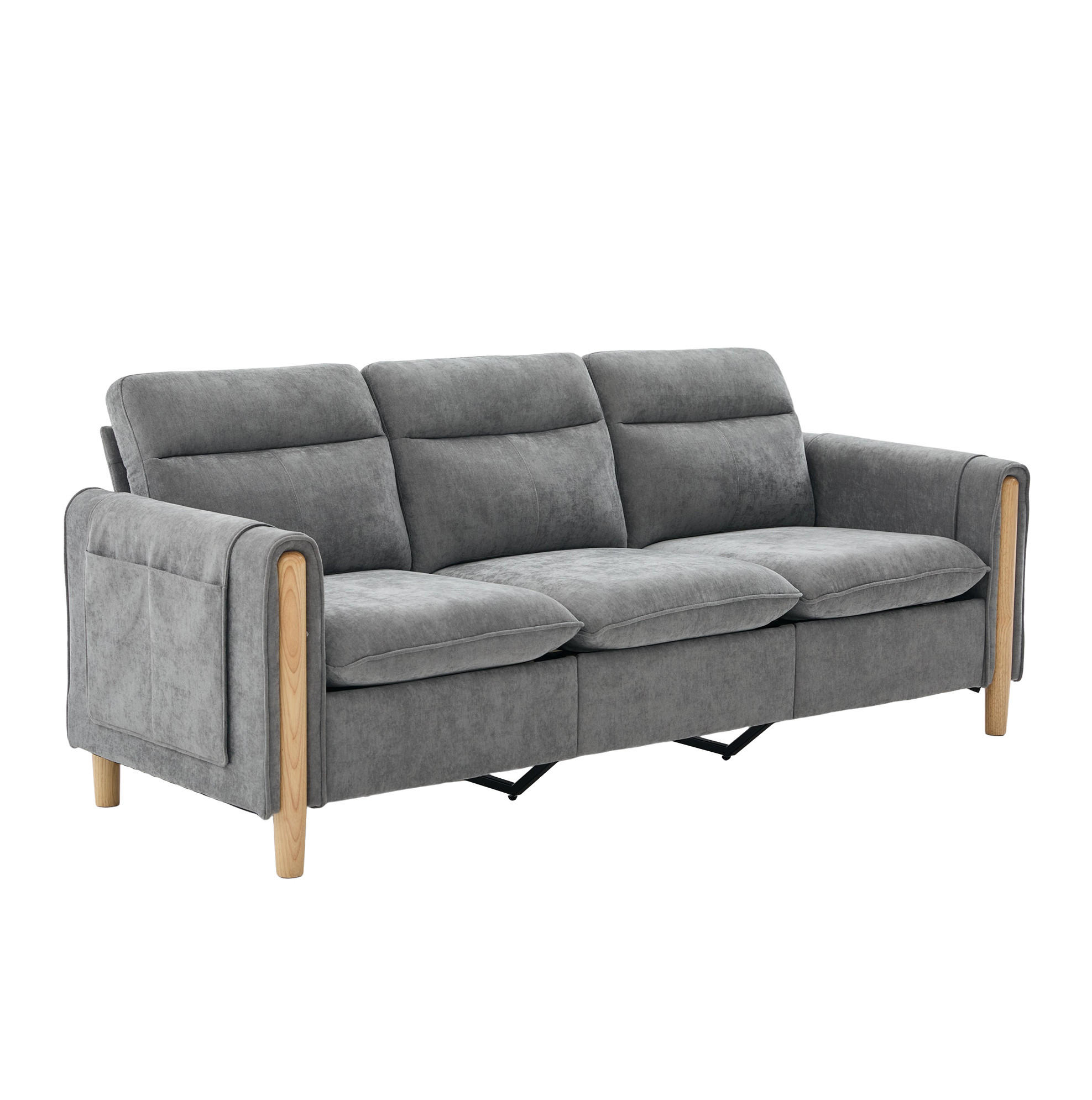 SOFA 201/77/86 cm in Hellgrau mit Hocker, Stauraum und Seitentaschen - Hellgrau, Textil (77/86/201cm) - Flora Grace