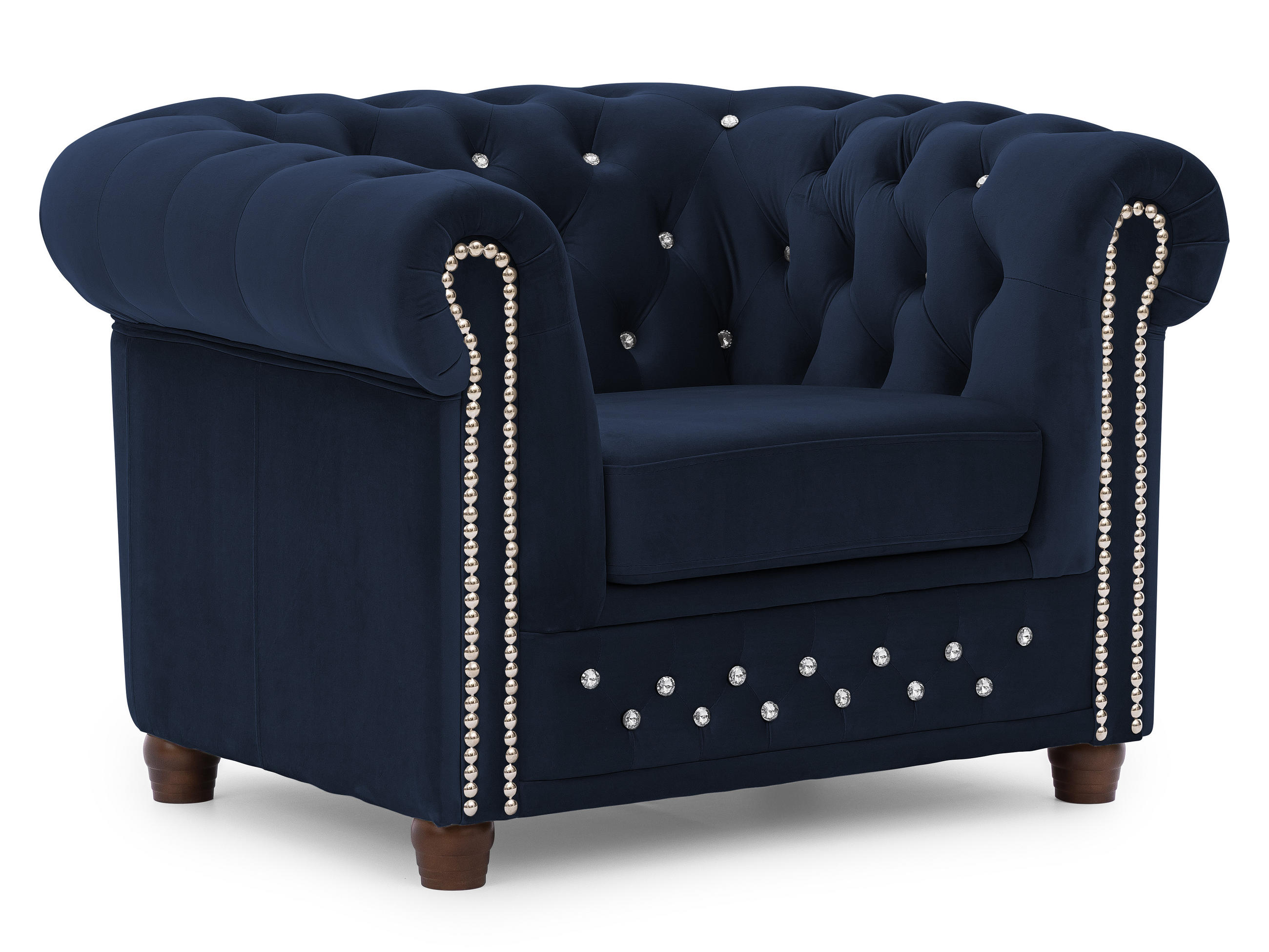 CHESTERFIELD-SESSEL Cleo Blink Marineblau Samt mit Kristallsteppung und braunen Massivholzfüßen - Blau/Beige, Holz/Textil (104/72/86cm) - S-Style Möbel