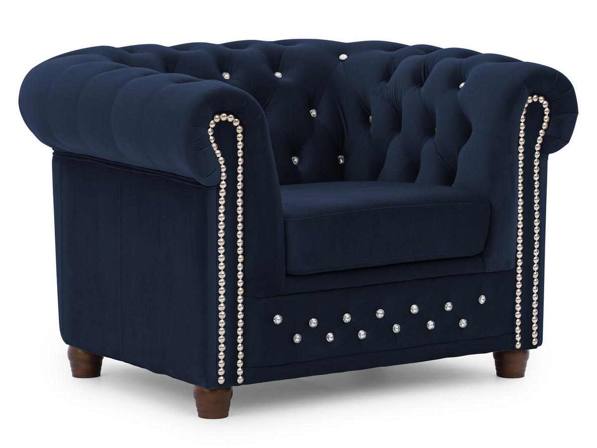 CHESTERFIELD-SESSEL Cleo Blink Marineblau Samt mit Kristallsteppung und braunen Massivholzfüßen - Blau/Beige, Holz/Textil (104/72/86cm) - S-Style Möbel