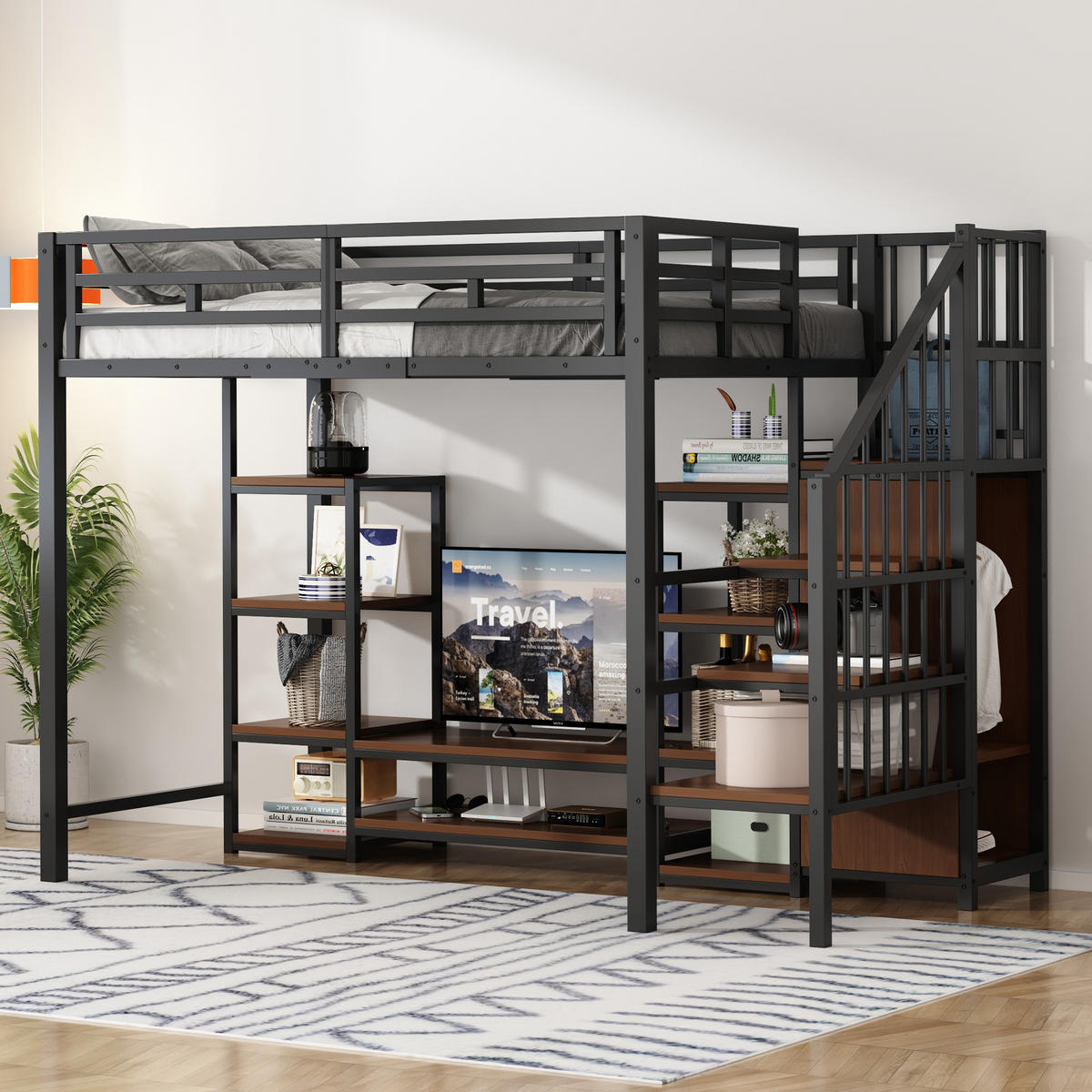 HOCHBETT 90/200 cm schwarz mit TV-Ständer, Steckdose und Sicherheitsleiter - Schwarz, Metall (90/200cm) - OKWISH