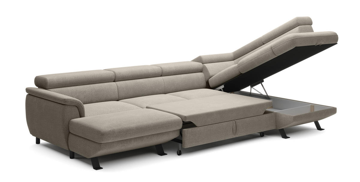 ECKSCHLAFSOFA Raven XL, Verstellbaren Kopfstützen, Bettkasten, Großes Sofa 334x198x162cm Rechte, Nata - Grau, Holz/Textil (334/198cm) - DomoHome