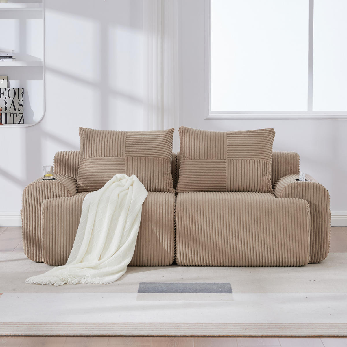 2-SITZER Sofa Cord mit Getränkehalter und Seitentasche 200/99/80 cm Sandfarben - Sandfarben, Textil (99/80/200cm) - Redom