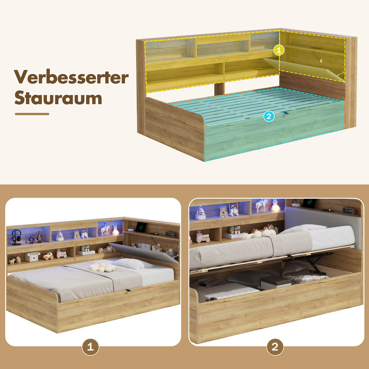 DAYBETT Natur 90x200 LED USB Hydraulik Stauraum Holz - Naturfarben, Holzwerkstoff (90/200cm) - FLIEKS