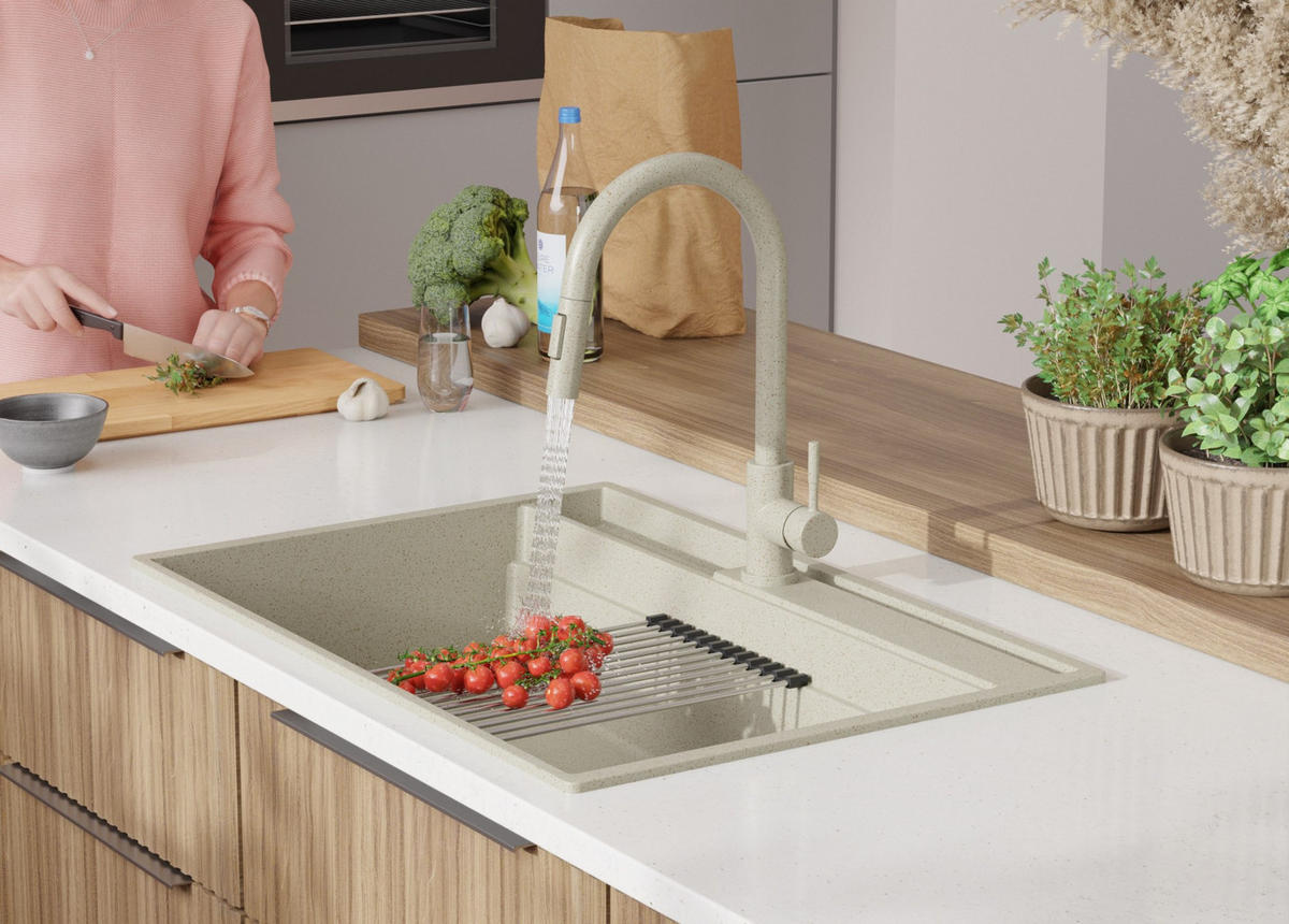 GRANITSPÜLE Oslo Pocket, 2-er set Beige 78/53 cm 1 Becken + Küchenarmatur 32/20 cm + Ablauf-Set + Küchenzubehörset ab 80er Unterschrank - Chromfarben/Beige, Kunststoff (78/20/53cm) - Primagran