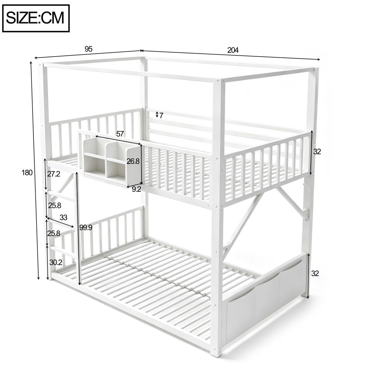 ETAGENBETT 90/200 cm Metall mit Dachdesign, DE-41590, in Weiß - Weiß, Metall (90/200cm) - ComfortXL