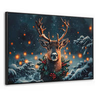 LEINWAND Bilder mit Rahmen - Hirsch - Weihnachten - Winter - Schnee - Weihnachtskranz - 120x80 - Dunkelbraun, Textil (120/80cm) - MuchoWow